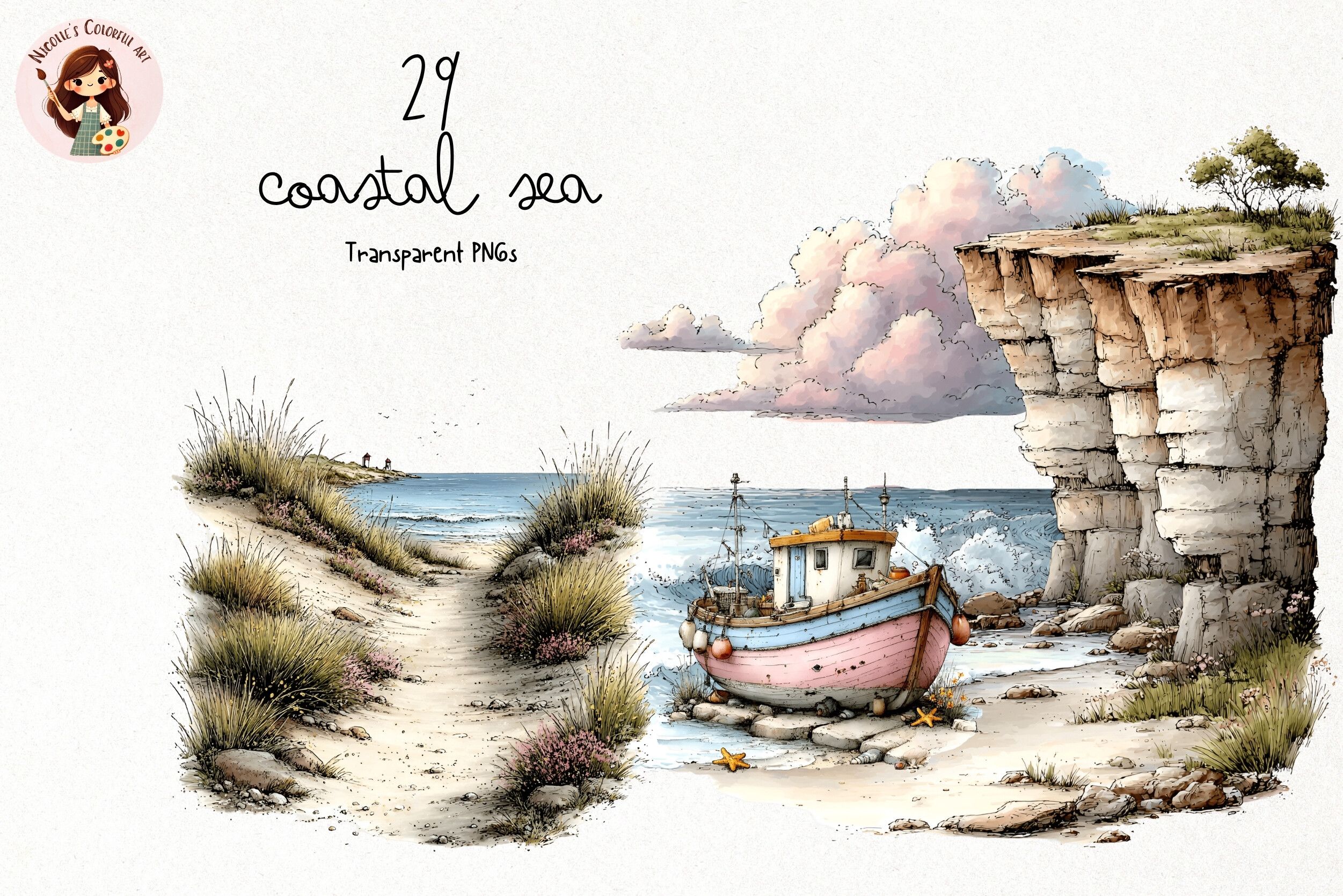 Watercolor Coastal Summer PNG Clipart