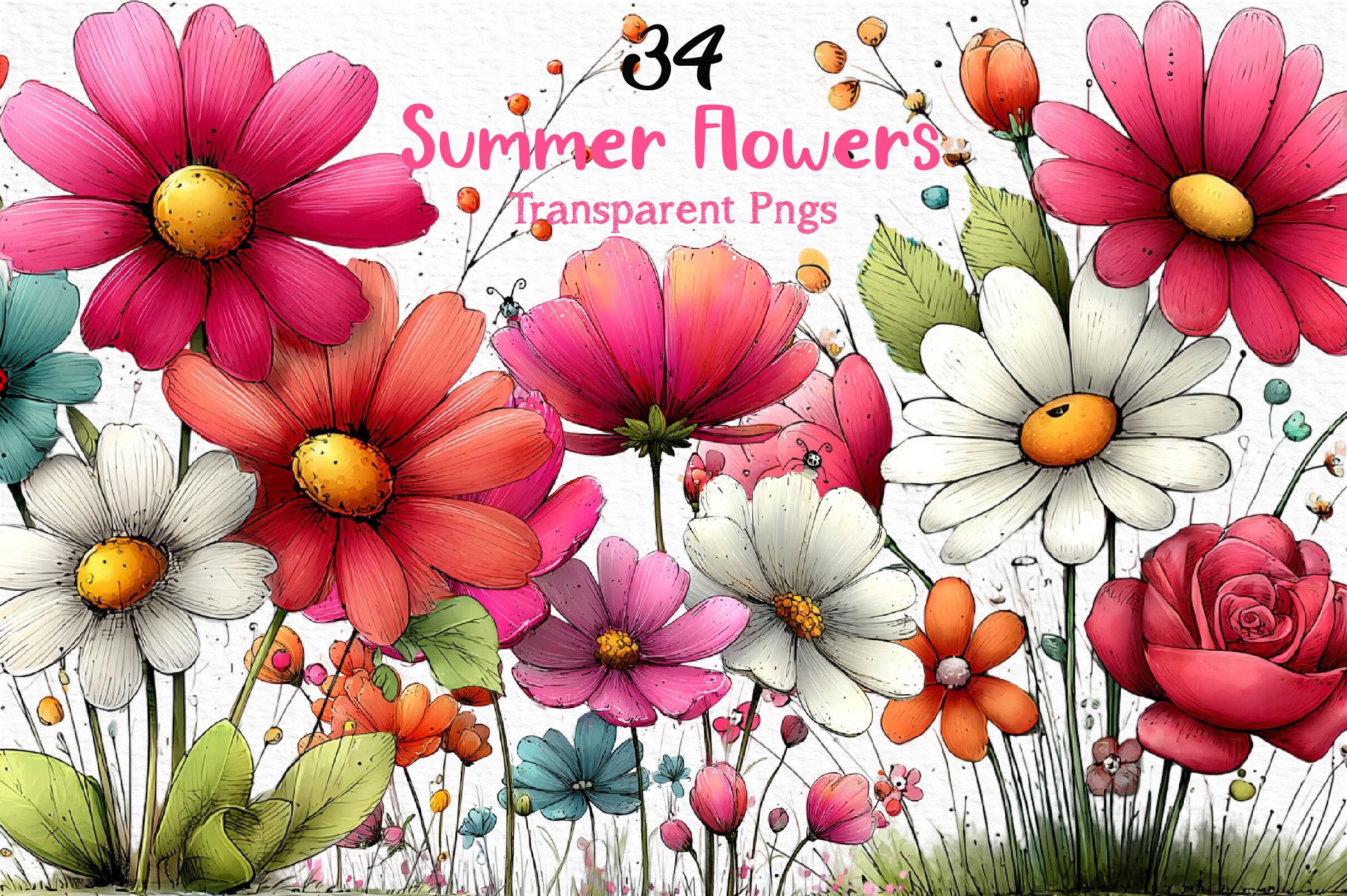 Whimsical Summer Flowers Clipart PNG